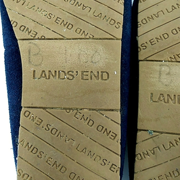 Lands End Suede Leather Moccasins Slippers Navy Blue Faux Fur Lining 7B - Picture 6 of 9